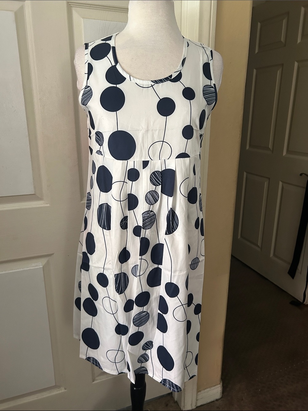 Sleeveless White Dress with Navy Circle Print